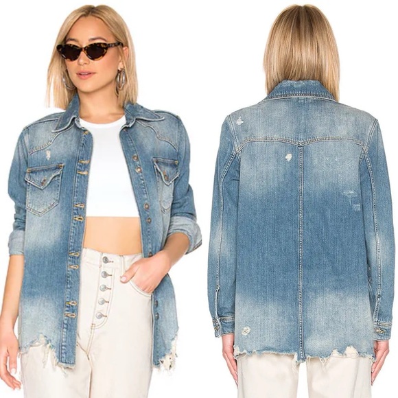 Free People Moonchild Distressed Oversized Denim Shacket Jacket In Indigo Blue - Picture 6 of 15